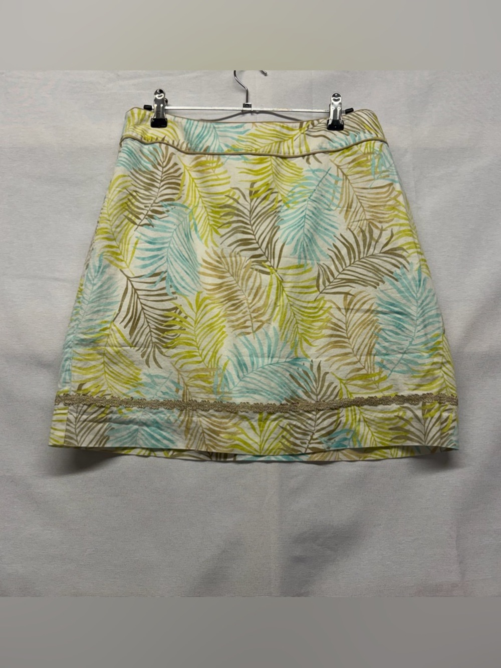 Vineyard Vines Palm Leaf A-Line Skirt - Aqua, Lime, Taupe on Cream linen blend 8